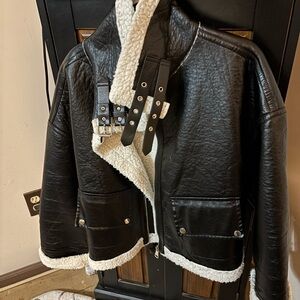 Stylish Black and White Shearling Bomber Jacket